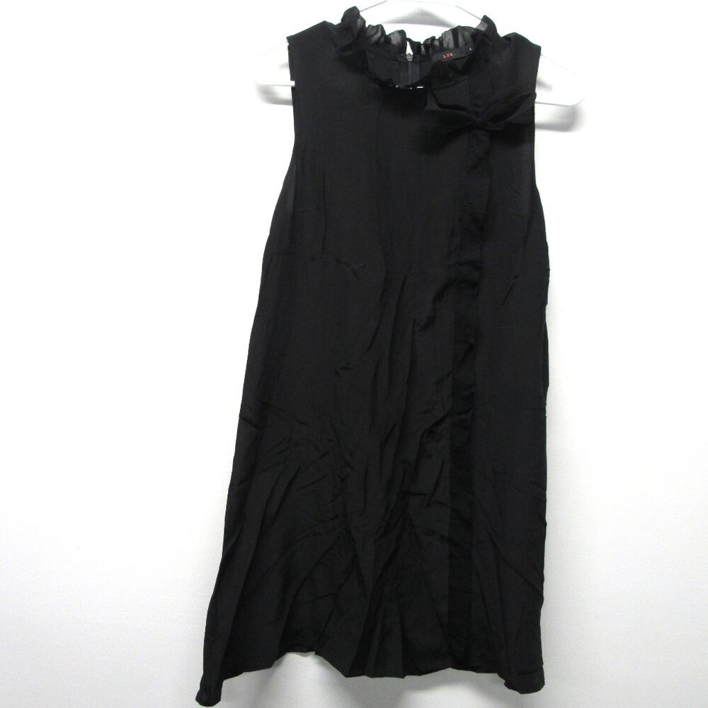 LUX UO 100% Silk Black Ruffle Edge Bow Mini Shift Dress Sleeveless sz Large 🌹